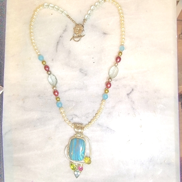 Artisan Pearl Rainbow Calsilica Topaz Tourmaline Sterling Necklace 18" Earrings - Picture 9 of 9